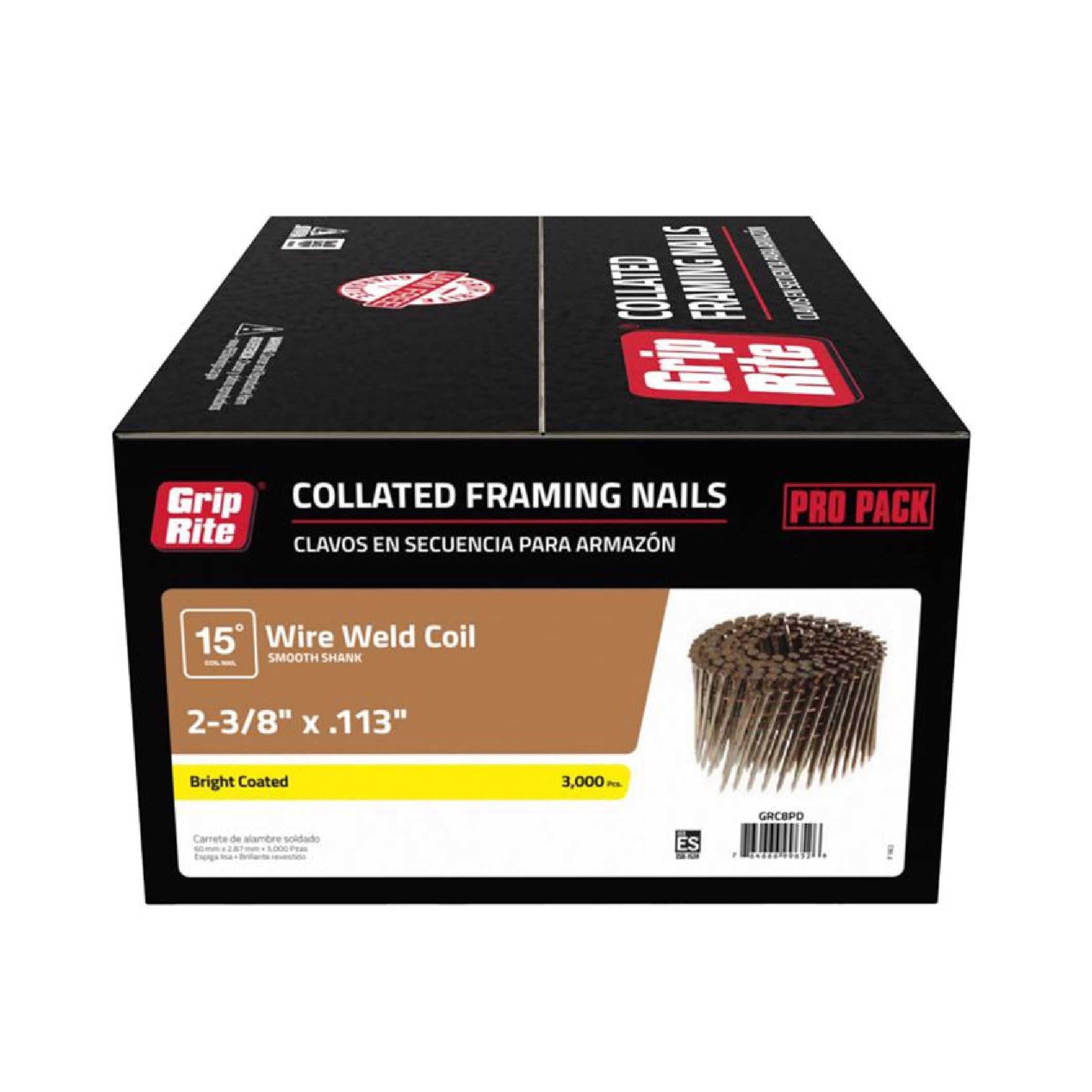 The image shows a Grip-Rite GRC8PD black box containing 3,000 bright-coated, collated framing nails. These 15-degree wire weld coil nails measure 2-3/8 x .113 and are compatible with pneumatic nailers—ideal for siding and fencing projects.